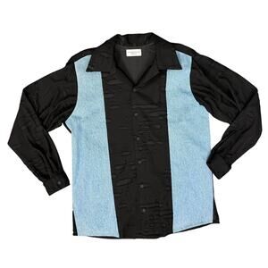 James Brumfield Designs Denim Black Textured Blue Button Up Shirt size L Men's